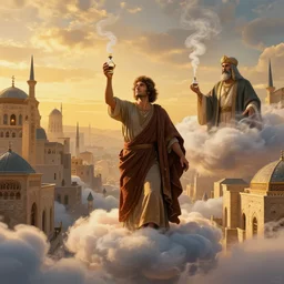 a byzantine man is carrying a small genie bottle surrounded by heavenly clouds in a Byzantine city, a persian genie is surrounded by smoke, concept art, beautiful light, golden hour, symmetry, very coherent, realistic, by James Gurney and Simon Stalenhag and Greg Rutkowski, trending on artstation, cinematic, 85mm lens