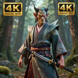 a beautiful 3 d render of a giesha demon wearing a kimono + holding a samurai sword, innovative avant - garde art, deco fashion, photorealistic + in a serene forest setting!!!!!!!, concept art, award winning, 4 k, rule of thirds, volumetric lighting, hyper detailed, octane render