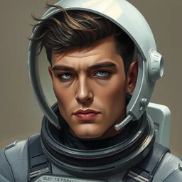 portrait of an astronaut confident expression, 1 9 7 0 s, sci fi clothes, rock, rockabilly hair, intricate, elegant, highly detailed, digital painting, concept art, smooth, sharp focus, illustration, art by wlop