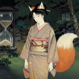 a beautiful ukiyo painting of a tied up kimono girl with fox ears and tail, in japanese garden, hourglass slim figure, au naturel, intricate complexity, concept art, by takato yamamoto, wlop, krenz cushart. cinematic dramatic atmosphere, sharp focus