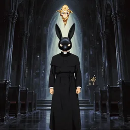 a man wearing black priest clothes and a black rabbit mask standing in a black obsidian church, anime film still from the an anime directed by Katsuhiro Otomo with art direction by Salvador Dalí, wide lens