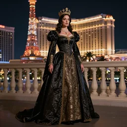 realistic matte painting, full length portrait, duchess of blood, night shot of las vegas in background, highly detailed, CGsociety, subtle, concept art, HDR, hyper realistic, volumetric lighting, subsurface scattering, unreal