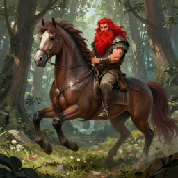 a half - man, half - horse with a big red beard in a forest fantasy art, highly detailed