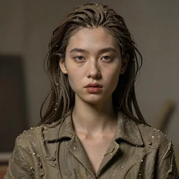 beautiful photograph of a model made of clay as a high end fashion shoot