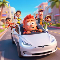 Live action Aqua teen hunger force movie, meatwad is driving a tesla, Greg Rutkowski, Darek Zabrocki, Karlkka, Jayison Devadas, Phuoc Quan, trending on Artstation, 8K, ultra wide angle, pincushion lens effect,