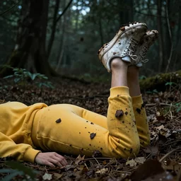 female laying down wearing yellow velor sweat suit and dirty heavily worn white keds slip on tennis shoe with toes pointing up covered by dark colored leaves and twigs from the calf and up in eery forest with lots of dark colored leaves and foliage, sunlight streaming down, highly detailed, unreal engine