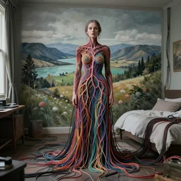 woman inspired by zdzislaw beksinski, new zealand landscape, clothes made out of veins, rgb, cables everywhere, bedroom, ultra realistic, concept art, intricate details, highly detailed, photorealistic, octane render, 8 k