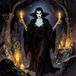 carmilla vampire, gothic horror, by frank frazetta, candlelit catacombs, in the style of pulp magazine