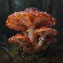fungus temple. oil painting by award - winning mangaka, bloom, chiaroscuro, backlighting, depth of field.