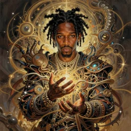 :  kendrick Lamar fantasy, fantasy magic,  , intricate, sharp focus, illustration, highly detailed, digital painting, concept art, jahbu art and Paul lewin and kehinde wiley, masterpiece