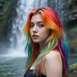 hyperealistic woman with rainbow hair by waterfall n-4