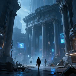 lone travelers walking through the remnants of a dystopian city, classical architecture, technological lights, screens, cyberpunk style, 8 k resolution, by hugh ferris and john smith and noriyoshi ohrai, polished, fine detail, intricate, blue color scheme, cyberpunk style, smooth, octane, concept art, trending on artstation