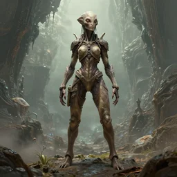 single female human creature on an alien world, artstyle greg rutkowski, model pose, full frame, very intricate details, high resolution, 4 k