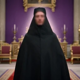 realistic photo of a blurred face of a royal court advisor, dressed in a black sack, standing in a purple royal court room emitting aura, 1 9 6 0, life magazine photo, natural colors, metropolitan museum, kodak, 8 k, very detailed, high resolution, product photo,