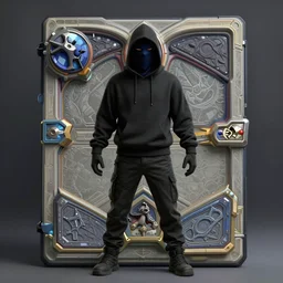 hearthstone art of a hacker wearing a ski mask with two arms, two legs, black sweatshirt, black pants, by grey walls and grey lighting.