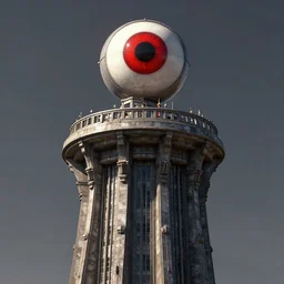 high round tower with a huge red eye of sauron floating at the top, artstation award winner, octane render, highly detailed, sharp, realistic