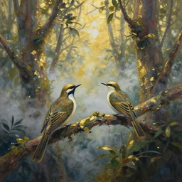 birds in the cloud forest. gouache and gold leaf work by the award - winning mangaka, bloom, chiaroscuro, backlighting, depth of field.