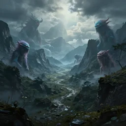 dramatic scene, mountain valley, ethereal monsters, digital art