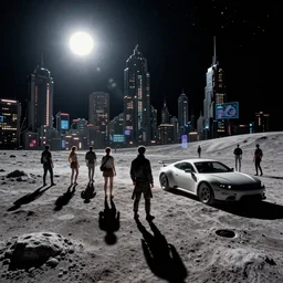 photo of sci-fi citizens and vehicles, on the Moon, long shadows, in a Russian cyberpunk city called Neo Norilsk, pitch black sky with stunning bright stars, bright sun, diverse outfits, lively, freaky, black sky full of stars, LEDs, holograms, blinding bright sun, sci-fi, cyberpunk outfits, photorealistic, grainy, 35mm, intricate, very very beautiful, elegant, smooth, cinematic, Unreal Engine 5, by Beeple, trending on Artstation HD