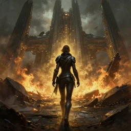 a painting of a cinematic keyframe of shepard from mass effect walking into a destroyed citadel, with fire by greg rutkowski, rule of thirds, golden ratio, ambient lighting, wlop, artgerm, artstation, highly detailed masterpiece, dark fantasy art, high detail, trending on artstation