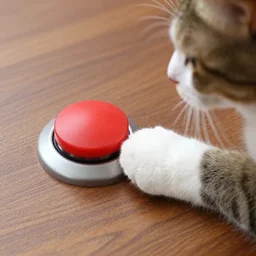 A cat's paw pushing a big red button. The button is resting on a wood table, and the cat is sitting next to the button on the wood table
