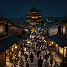 Medieval Kyoto street at night landscape, crowded streets, 8K, trending on artstation, golden ratio, rule of thirds, low key, extremely high detail, concept art, art by Kentaro Miura