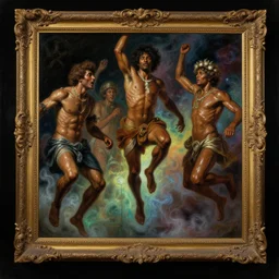 a baroque neoclassicist close - up painting of brown people jumping out of picture frames. reflective detailed textures. glowing colorful fog, black background. highly detailed fantasy science fiction painting by moebius, norman rockwell, frank frazetta, and syd mead. rich colors, high contrast. artstation