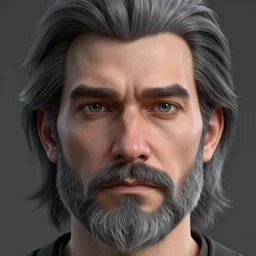 face closeup covered with 4 0 year old caucasian man, symmetric face, serious medium look, medium sized eyebrows, gren grey eyes, pale skin, dark grey and silver ned kelly beard, shoulder long grey hair,, 3 d render, hyper - realistic detailed portrait, ruan jia, wlop