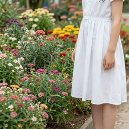 the garden is full of colorful flowers and a lot of low bushes. a girl in a white dress is standing on the left in the middle of the garden ， highly detailed,, by pierre - auguste renoir