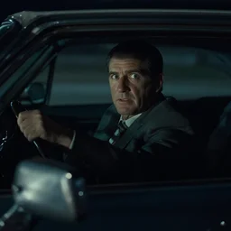 Film still of Ted Cruz in a 1960's car late at night with poor visibility, horror, eerie