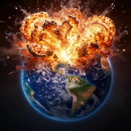 the earth is hit by a pizza and blown up by a big explosion and opens the core, epic, high details, dramatic lighting, 8 k