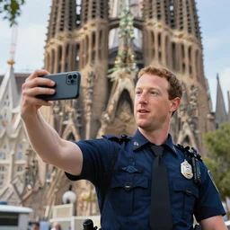 mark zuckerberg dressed like a policeman taking a selfie in front of the eiffel tower and the sagrada familia basilica, hyper realistic, sharp focus, depth of field, trending at artstation, award winning, insanely detailed, amazing, funny, fantasy painting