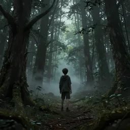 a lost boy in the woods, horror, eldritch, unreal engine, dramatic lighting, digital art, mist, digital illustration, detailed environment, fantasy