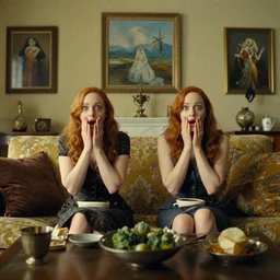 a very surprised beautiful Christina Hendricks and her twin sister in the living room, film still from the movie directed by Denis Villeneuve with art direction by Salvador Dalí, wide lens
