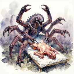 watercolor paints of atomic multi claw - armed kaiju autopsy, vivisection for nocturnals the sinister path by daniel brereton, fine art, alarma!