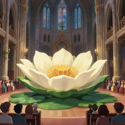 giant waterlily flower in the center of a beautiful church full of worshipers, disney style, studio ghibli, pixar