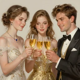 a trio rejoicing, cheers with golden cups. intricate, elegant, highly detailed, digital painting, artstation, concept art, sharp focus, illustration, by justin gerard and artgerm, 8 k