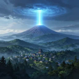 a powerful japanese village high in mountains, blue beam of light from open sky, calm morning, fanart artstation global illumination rtx hdr fanart arstation 3 d, volcano, concept art by greg rutkowski and laurie greasley, forest, fantastic landscape, 8 k, cinematic color grading