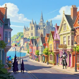 streetview of a colorful coastal magical town with witches and knights, a grand university of magic and technology visible in the distance, sunny weather, inspired by victorian england and amsterdam, palm trees, highly detailed, intricate, digital painting, trending on artstation, concept art, matte painting, art by greg rutkwowski, craig mullins, octane render, 8 k, unreal engine