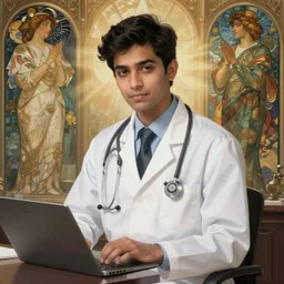 Anxious good looking pale young Indian doctors giving an exam, portrait, elegant, intricate, digital painting, artstation, concept art, smooth, sharp focus, illustration, art by artgerm and greg rutkowski and alphonse mucha