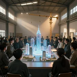 crowd of people in blank walled warehouse, looking at hologram of futuristic city on a table, cinematic concept art, godrays, golden hour, natural sunlight, 4 k, clear details, tabletop model buildings, center model buildings, hologram center, crane shot, crane shot, crane shot