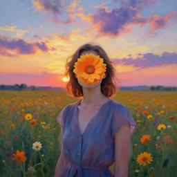 woman with blooming flower face, standing in flower field, surreal photography, sunrise, impressionist painting, colorful clouds, artstation, dali, simon stalenhag