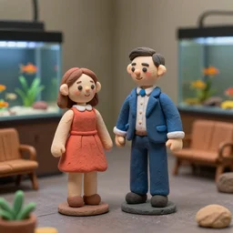 plasticine model of stop motion figures clay. minimal. tilt shift. fish tank in waiting room. photorealistic.