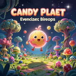 candy planet cartoon poster with fantasy alien trees and sweets. magic unusual nature landscape for computer game, fairy tale cosmic background with beautiful strange plants