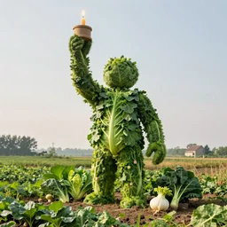 a big giant made of vegetables standing in a field holding a candle above head, photo realistic, realistic lighting
