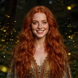 a happy a young woman, among the lights of golden fireflies and nature, wearing a wonderful dress, long loose red hair, intricate details, green eyes, small nose with freckles, beatiful smiling face, golden ratio, high contrast, hyper realistic digital art by artemisia lomi gentileschi and caravaggio and artgerm.