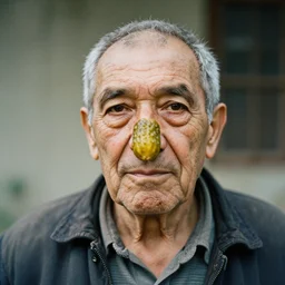 a portrait photo of a old man with a pickle nose