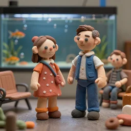 plasticine model of stop motion figures clay. strange. tilt shift. bubbles fish tank in waiting room. photorealistic.