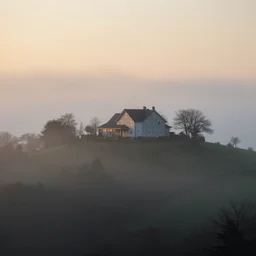 house on a hill, beautiful, dawn, foggy area, black fog, photorealistic, panoramic shot, 4 k