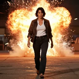 cinematic shot of female Chuck Norris walking towards the camera with explosions in the background